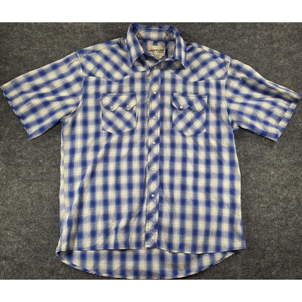 Rustler by Wrangler Men's Plaid Button-Up Shirt Blue White Short Sleeve L